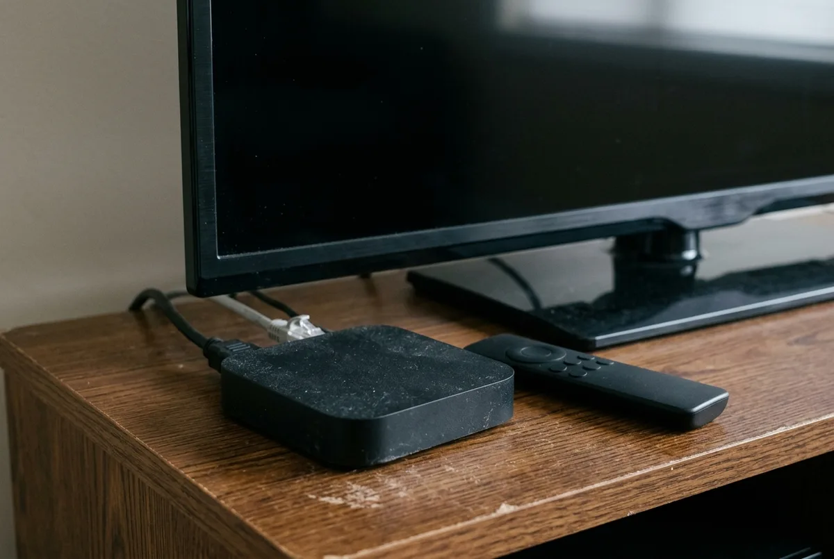 Matte-black streaming media player box with connected HDMI and RJ45 Ethernet cables on a wooden media shelf beside an unbranded remote in front of a dark powered-off television