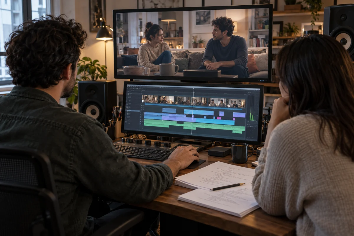 Two colleagues review dialogue footage and an editing timeline with printed script pages on the desk