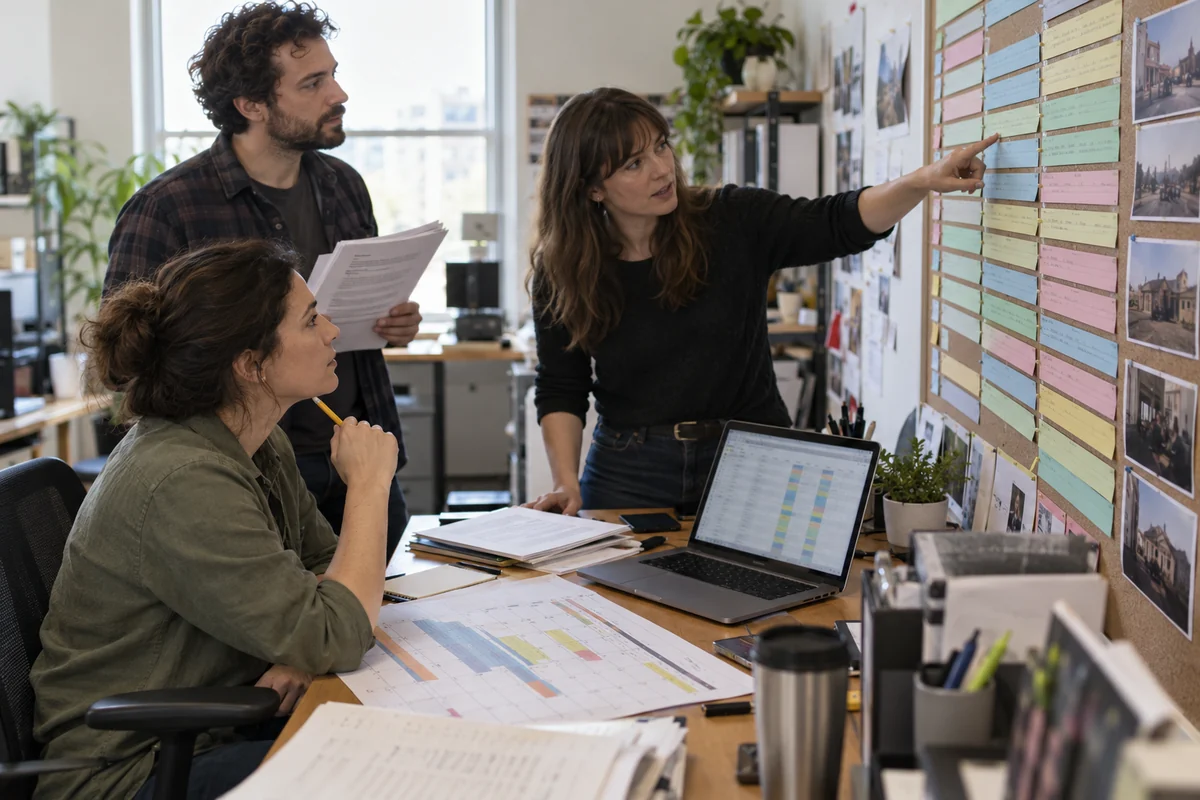 Three colleagues review a production stripboard beside a laptop spreadsheet and a paper calendar