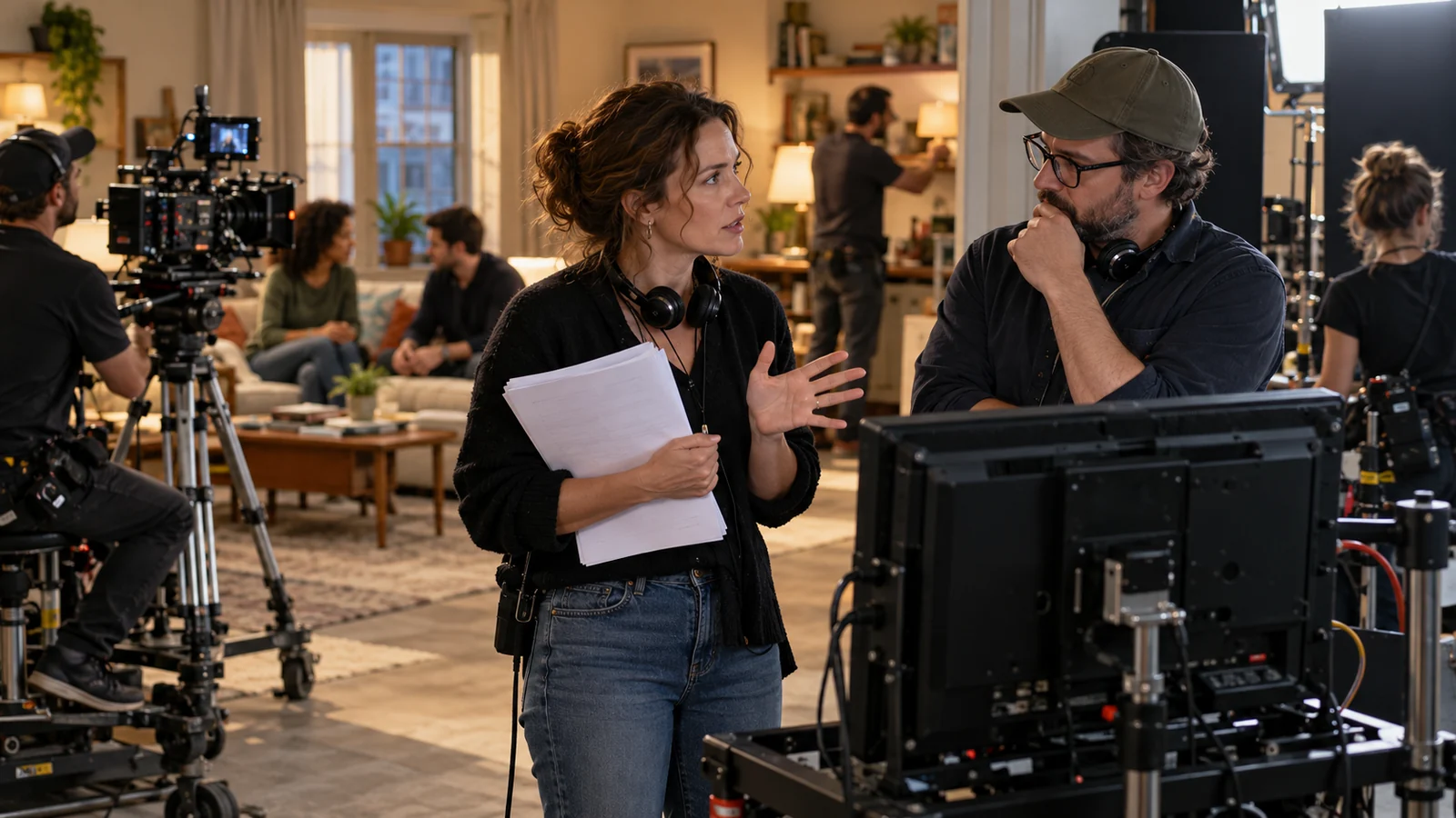 Two colleagues discuss script pages beside a production monitor on an apartment set.
