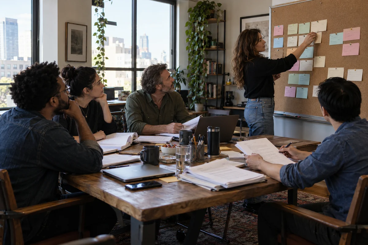 Writers consult script pages around a table while a colleague arranges story cards on a corkboard