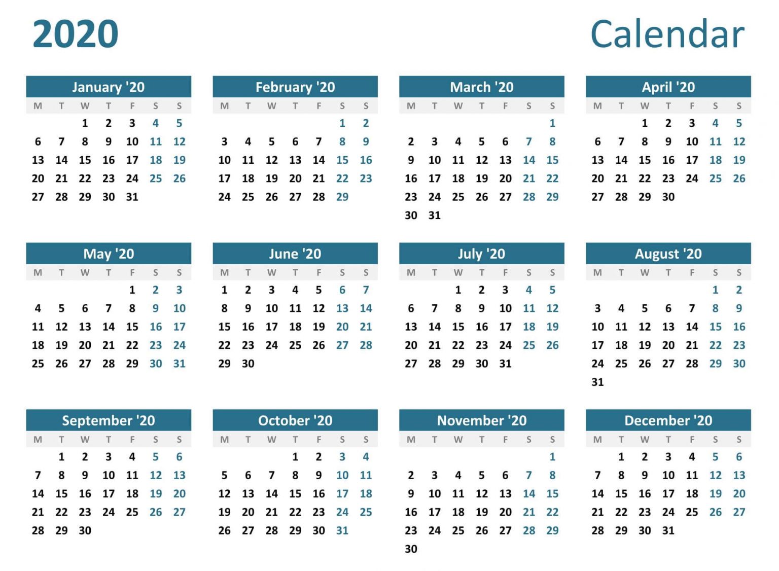 Yearly 2020 Calendar - Free 12 Month 2020 Calendar Printable