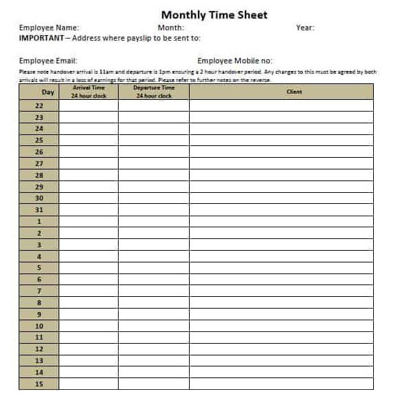 Monthly Timesheet Template