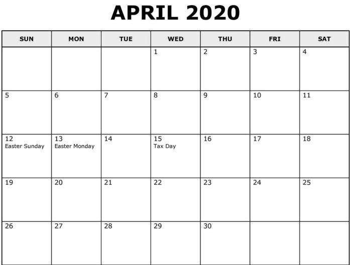 Printable April 2020 Calendar