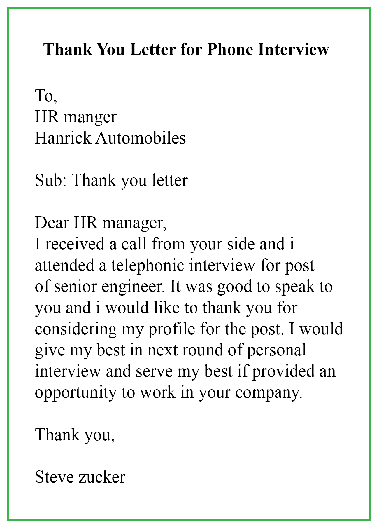 Thank You Note For The Interview Letter