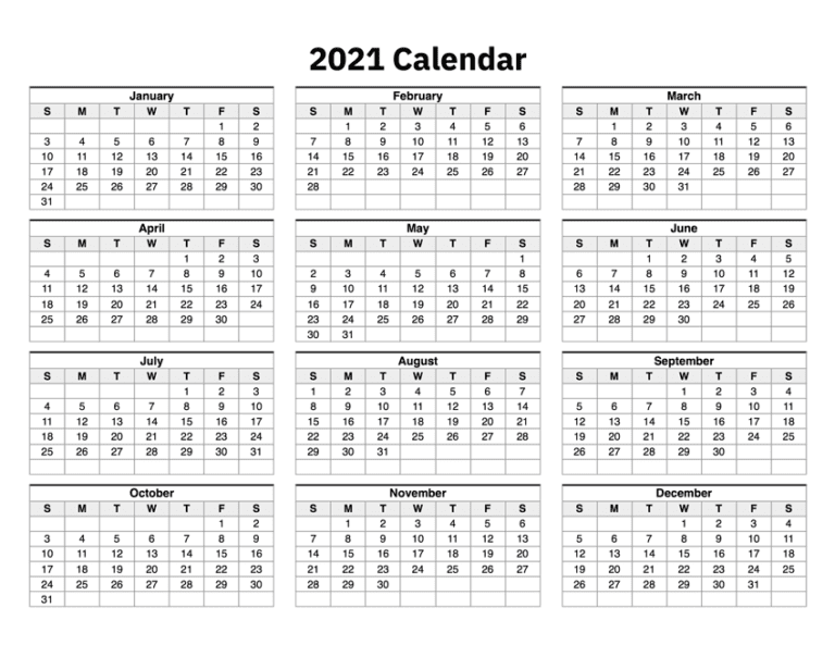 Yearly 2021 Calendar - Free 12 Month 2021 Calendar Printable