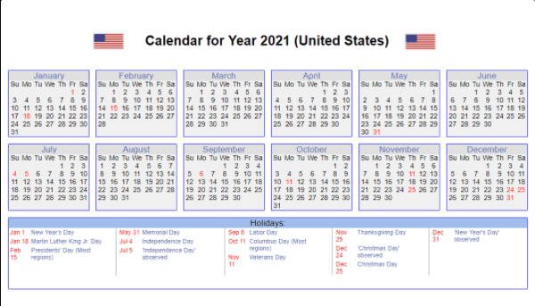 US 2021 Calendar with Holidays
