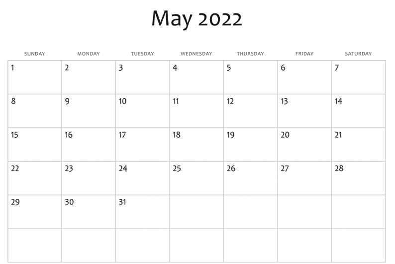 Blank May Calendar 2022 Editable