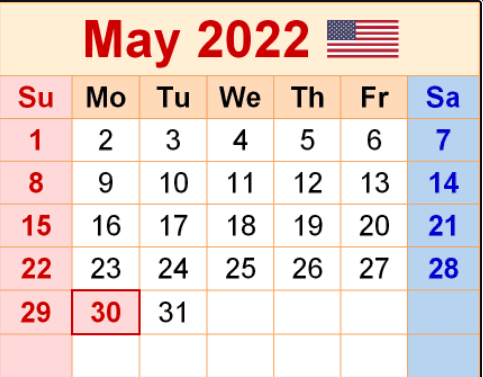 May 2022 USA Calendar