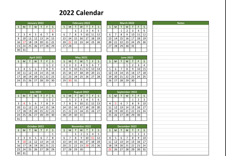 2022 Calendar One Page With Notes
