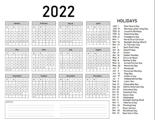 2022 USA Holidays Calendar