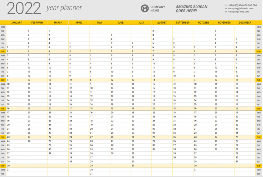 Calendar Yearly Planner Template For 2022