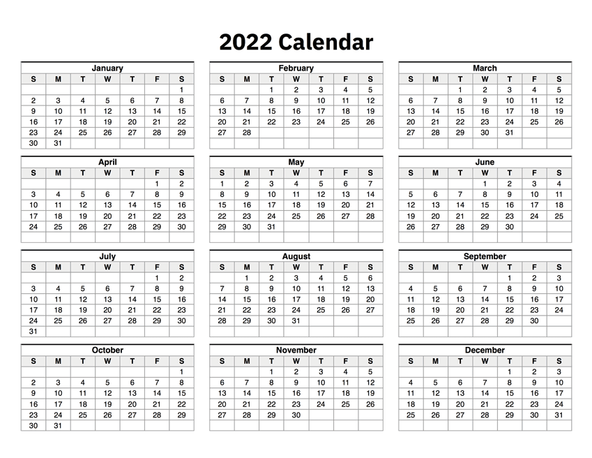 Yearly 2022 Calendar - Free 12 Month 2022 Calendar Printable 1