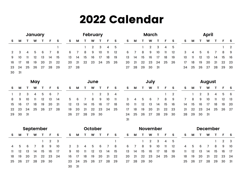 Printable One Page Calendars for 2022