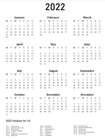 free printable printable pdf 2022 calendar