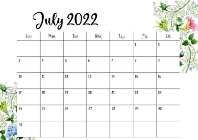 July 2022 Calendar Cute