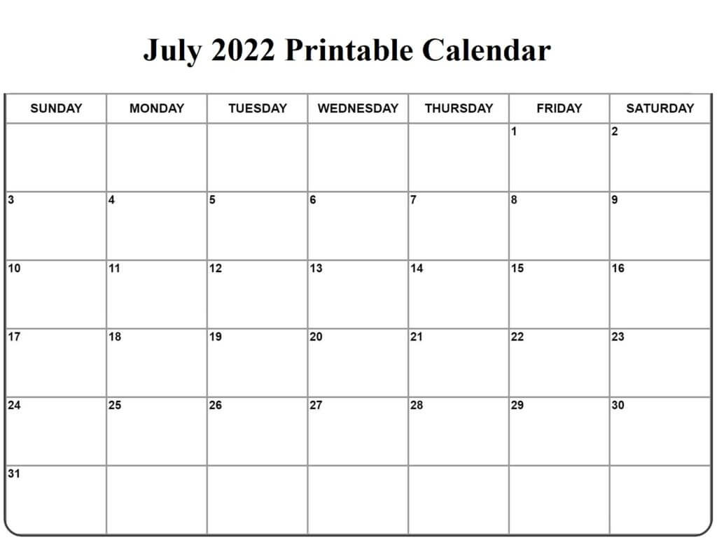 July 2022 Free Monthly Calendar