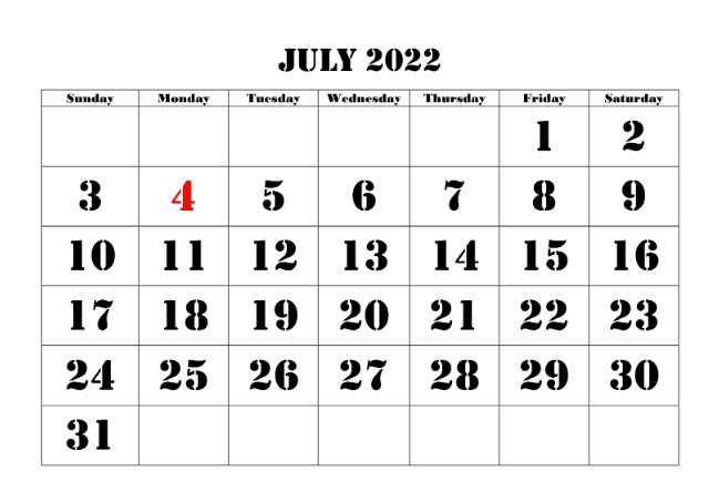 July 2022 calendar word
