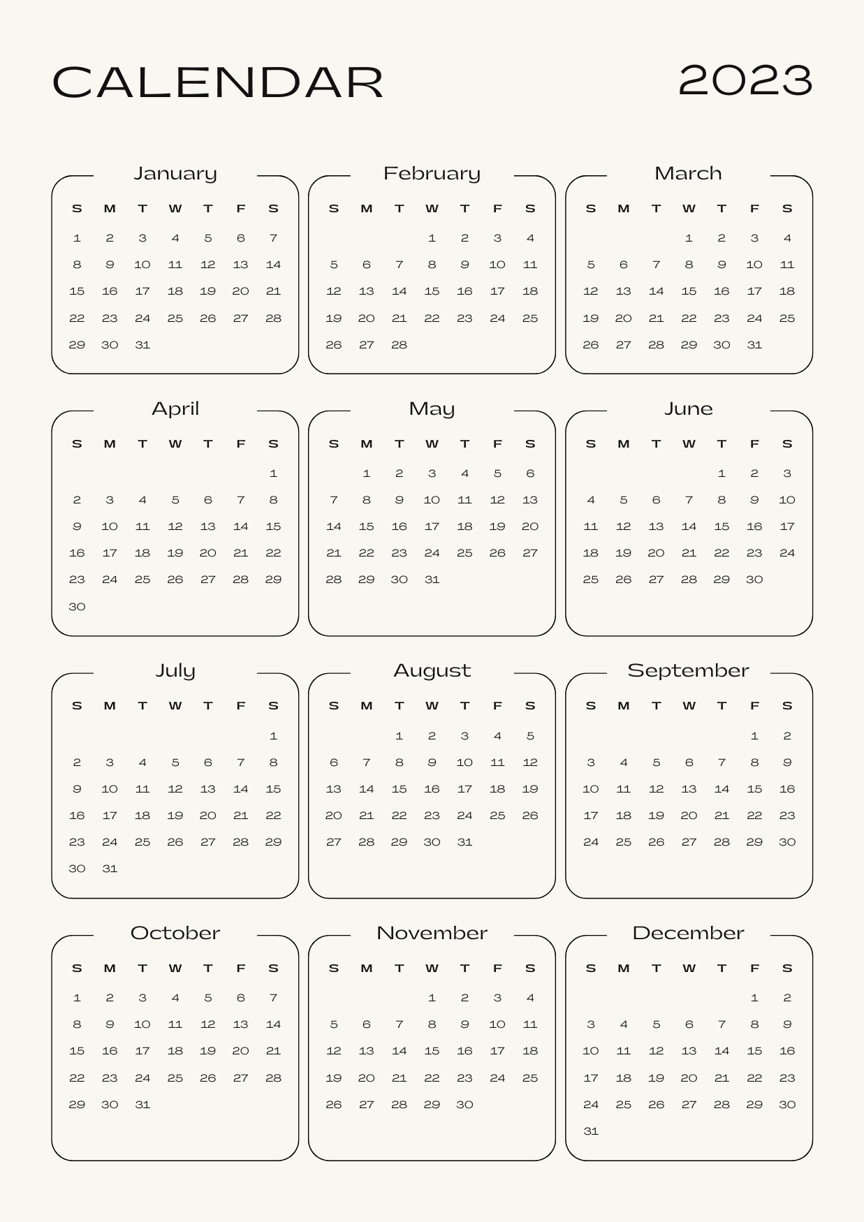 12 month calendar on one page