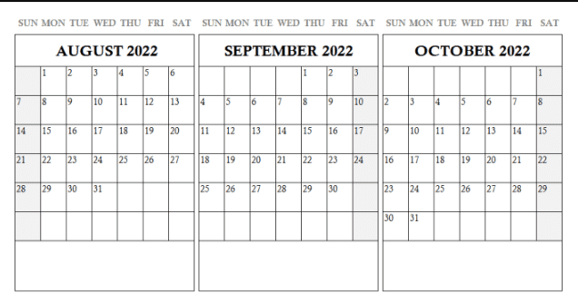 August September October 2022 Printable Calendar
