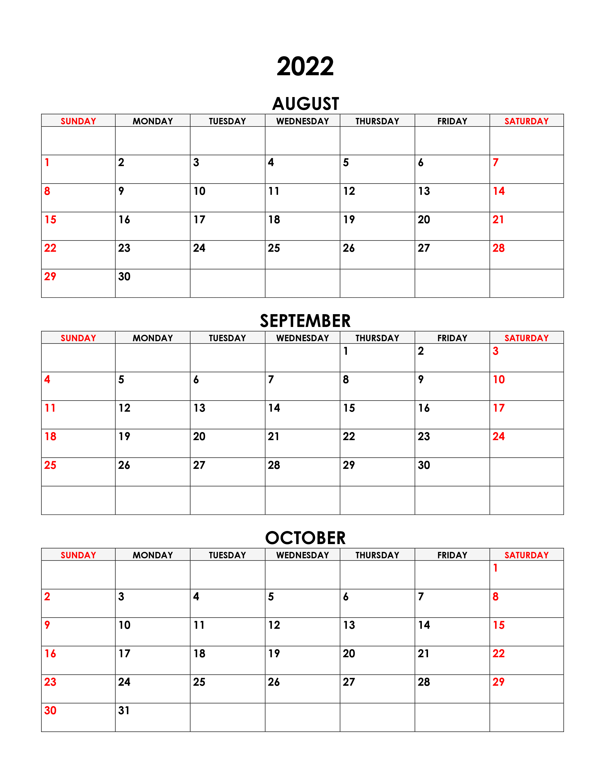august september october calendar 2022 blank template
