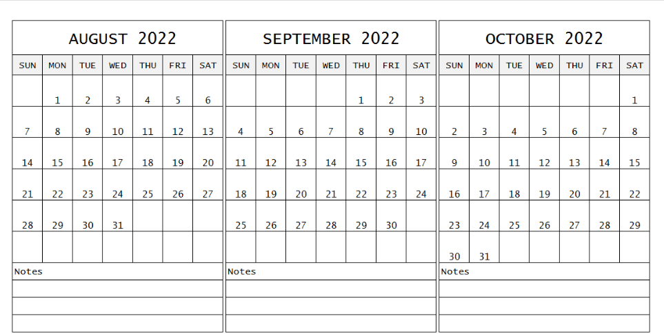 free august september october 2022 calendar printable pdf word excel notes